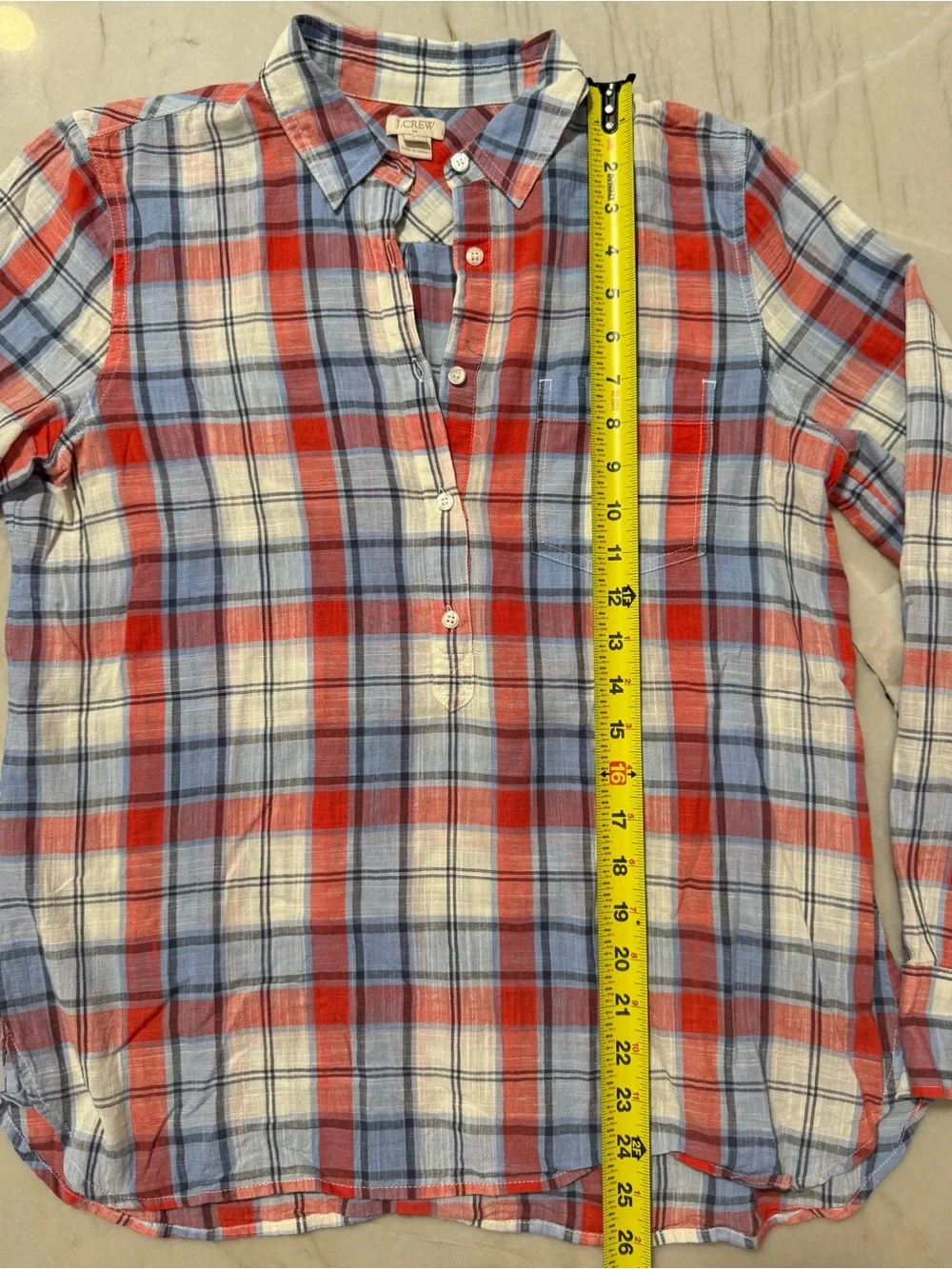 J Crew Factory Women’s Small Blue Red Plaid Gauze Cotton Popover Long Sleeve Top